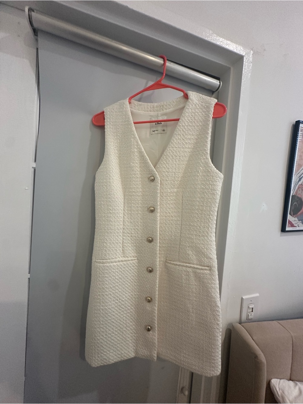 Abercrombie & Fitch Cream Textured Button-Front Sleeveless Dress